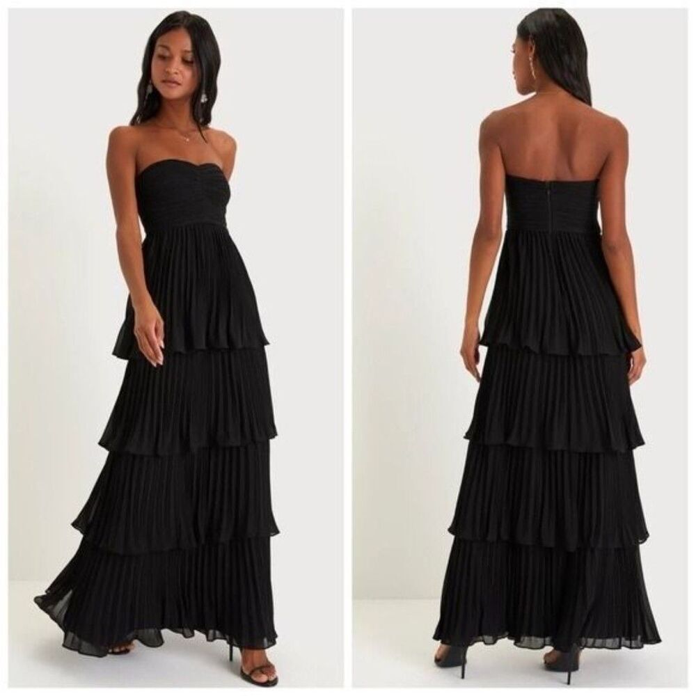 Lulus Seriously Sensational Black Strapless Tiered Maxi Dress Size Medium NEW - Picture 3 of 12